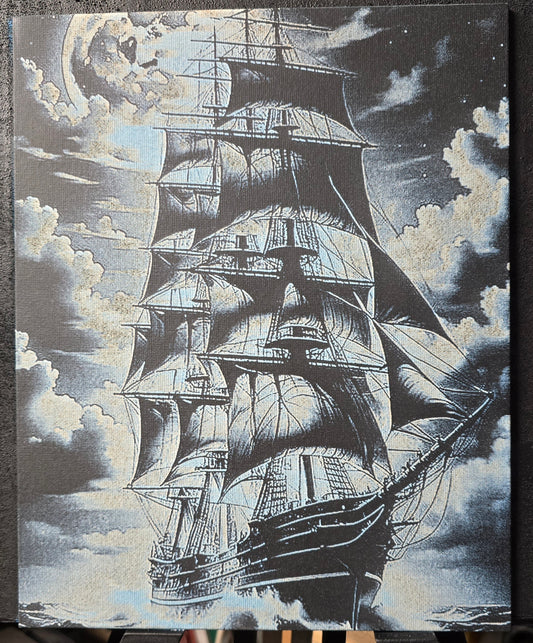 "Navire sous la Lune" – Gravure laser sur toile 240x300